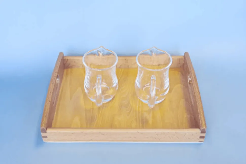 Montessori Dry Pouring Activity - includes 2 Glass Pitchers & Wooden Tray