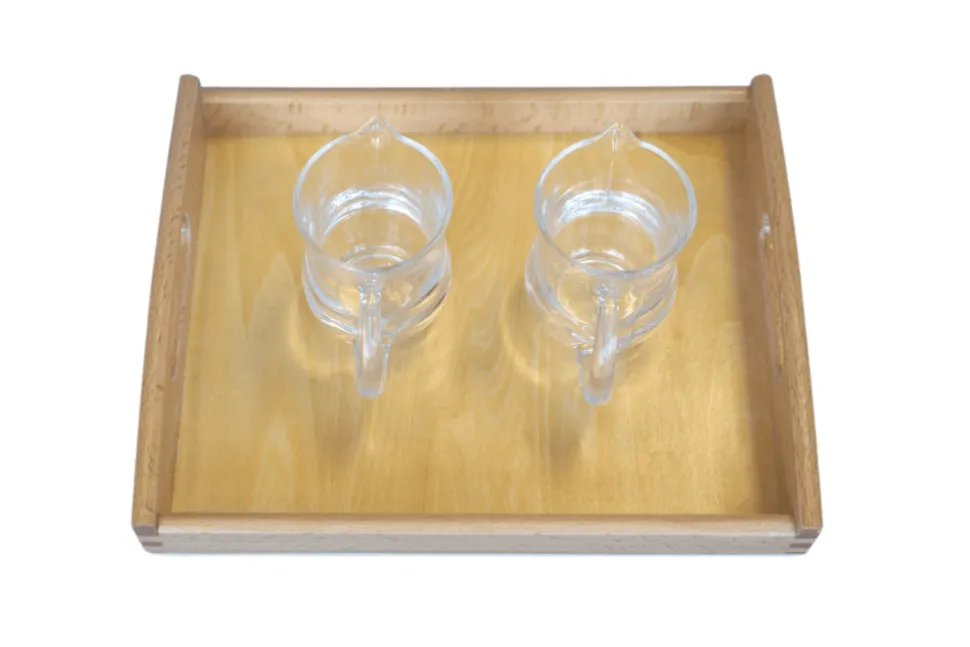 Montessori Dry Pouring Activity - includes 2 Glass Pitchers & Wooden Tray