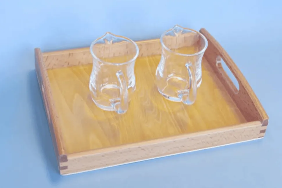 Montessori Dry Pouring Activity - includes 2 Glass Pitchers & Wooden Tray