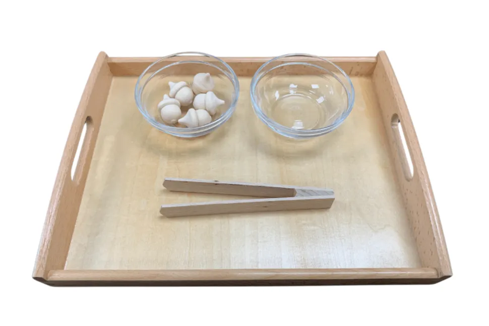 Montessori Tonging Activity - Acorns - includes Tongs, Tray, Bowls and Wooden Acorns